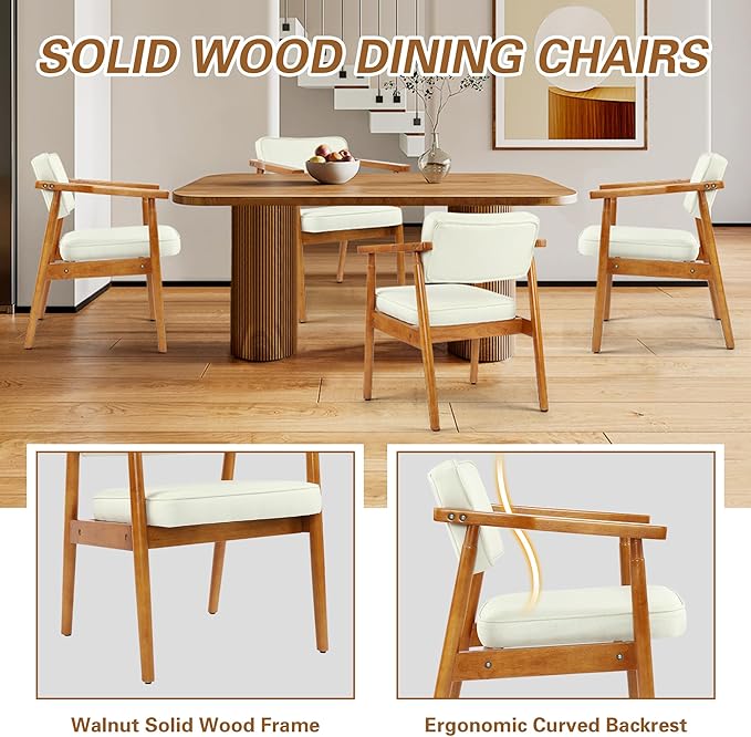 LSSPAID Mid Century Dining Chairs Set of 2, Beige Linen Fabric Upholstered Armchair with Wooden Handrail, Comfy Backrest Modern Kitchen Chairs for Bedroom Living Room Dining Room