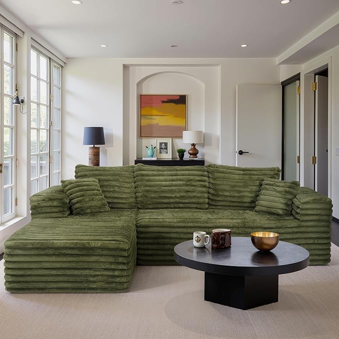 Sectional Cloud Boneless Couch for Living Room Bedroom, Comfy Modern L Shaped Modular Sofa with Left Facing Chaise, Deep Seat Memory Foam Couch in Box, No Assembly (Wide Striped Corduroy, Green)