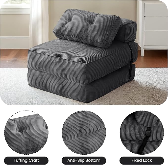 tantohom Folding Sofa Bed, Convertible Sleeper Chair with Pillow Foldable Mattress with Back Support,Space-Saving Sofa for Living Room,Bedroom (Dark Gray)