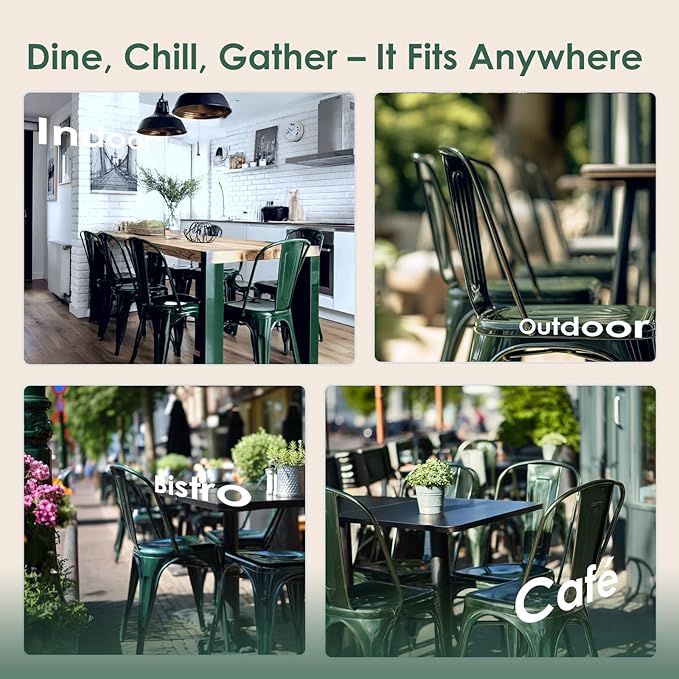 Metal Dining Chairs Set of 2,Stackable Tolix Chair Indoor/Outdoor for Kitchen,Cafe,Restaurant,Bistro & Patio Multiple Colors(Dark Green)