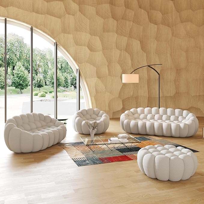 JACH Bubble Sofa Curved Couch Set, Comfy Upholstered Sofa, Mesh Fabric 3D Honeycomb Shape Modern Couches for Living Room, Apartment (Light Grey, 1 Seater, 2 Seater, 3 Seater, Ottoman)