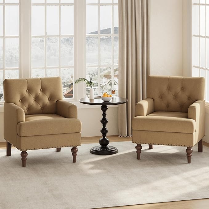 Upholstered Accent Chair with Thick Cushion, High Back Reading Chair, Linen Blend Armchair with Solid Rubberwood Legs for Living Room, Bedroom, Reading, Apartment & Small Spaces,Brown,Set of 2