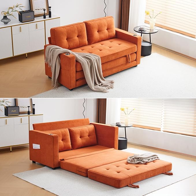 VINGLI Sofa Bed Full Size Pull Out Couch Bed Burnt Orange Futon Couch 64" W 84" L Loveseat Sleeper Floor Couches for Living Room Convertible Loveseat Sofa Foldable Sofa Bed
