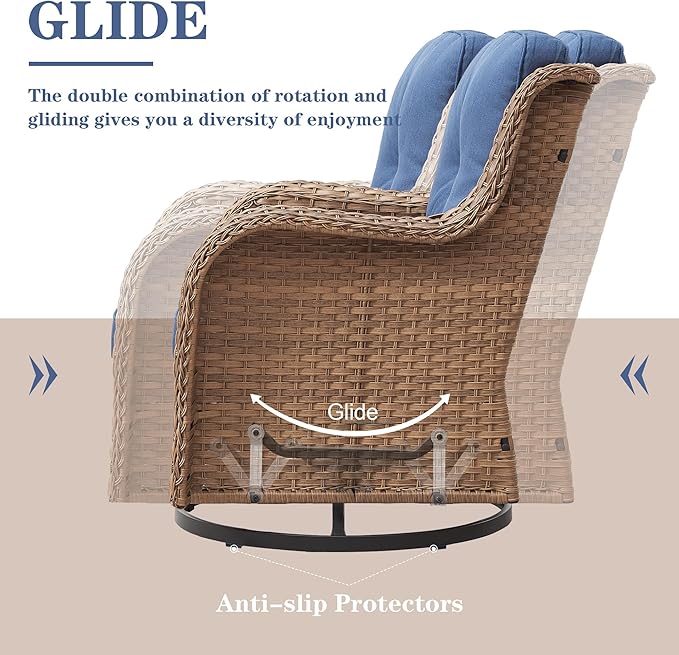 Belord Outdoor Swivel Rocker Patio Chairs - 360 Degree Swivel Glider Seating 350LBS Weight Capacity 3 Piece Wicker Rocking Chairs Set with Side Table for Porch Balcony Deck, Yellow/Blue
