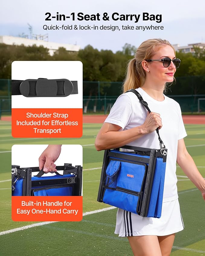 VEVOR Stadium Seat, Folding Bleacher Chair with Back Support and Thick Cushion, Padded Stadium Seat for Bleacher Includes Shoulder Strap, Hooks, Cup Holder, and Side Pocket, Blue Bleachers Chair, 1PCS