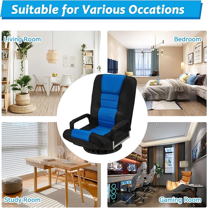 360 Rotating Swivel Gaming Chair w/6 Adjustable Positions Backrest Foldable Floor Chairs Suitable for Reading, Relaxing, Mediation,Blue