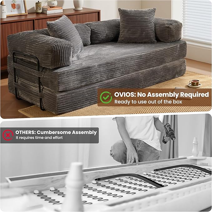 ovios 81" Folding Sofa Bed, Foldable Sleeper Boneless Couch with Pull Out Beds, Modular Convertible Floor Futon Loveseat Lounger for Living Room (Corduroy, Grey)