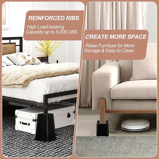 shouwuhho Bed Risers 8 Inch Heavy Duty, Furniture Risers Lifts 12" 8" 4" for Table, Desk Leg, Sofa, Couch, Adjustable Bed Frame Risers Supports Up to 6,000 Lbs, Black, 6 Pack