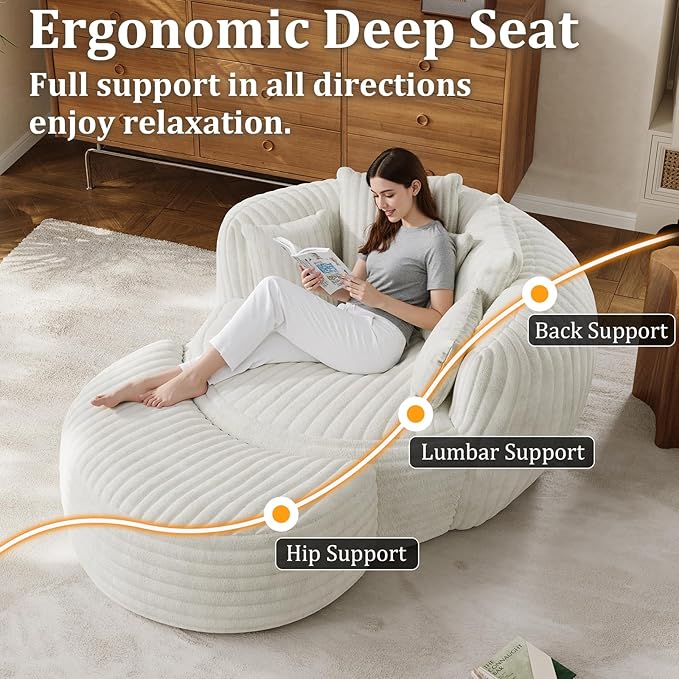 50" W Oversized Round Chaise Lounge Chair with Ottoman Indoor Boneless Plush Fluffy Corduroy Circle Couch Soft Comfy Cozy Cloud Reading Chair for Living Room, Playroom, Bedroom - Beige White