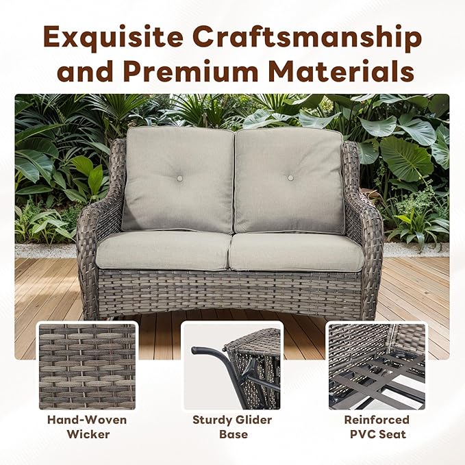 Belord 8 Piece Outdoor Patio Furniture Set - 41" CSA Propane Fire Pit Table Patio Conversation Set with Swivel Rocker Outdoor Chairs, Wicker loveseat and Ottoman for Outside Casual Gathering