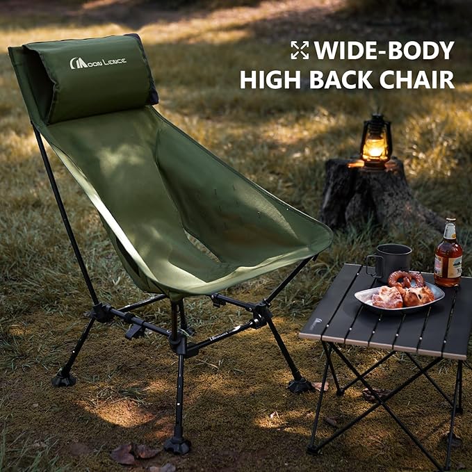 MOON LENCE Oversized High Back Camping Chair for Adults, Height Adjustable Folding Camping Chair with 400 lbs Capacity, Hidden Pillow Pocket and Wide Seat for Camping, Hiking, Picnics, Green