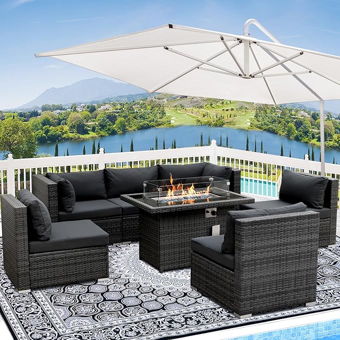 RADIATA 7 Piece Wicker Patio Furniture Set with Fire Pit, All-Weather Outdoor Sectional Couch High Back Large Size, Modular Backyard Seating Sofa Set with Propane/Natural Gas Firepit Table, Dark Gray