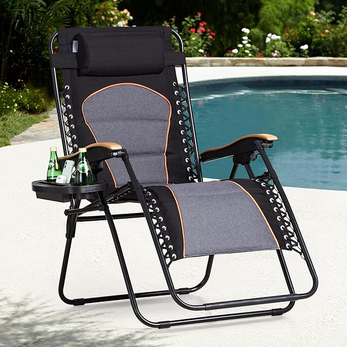 Sophia & William Oversized Zero Gravity Chair Padded, Folding Lounge Chair with Wide Armrest and Cup Holder, Support 400 LBS, Black