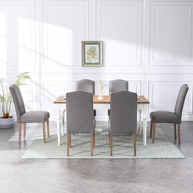 Upholstered Dining Chair Stylish Parsons Kitchen High Back with Silver Nailhead Trim & Wood Legs, 2-Pack, Fabric Classic Grey