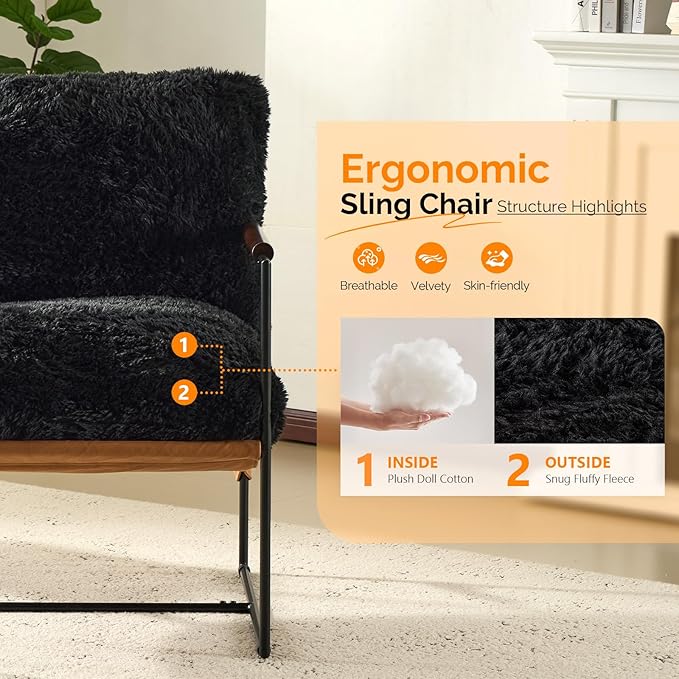 VINGLI 28" Wide Plush Upholstery Sling Modern Accent Chair Set of 2, Cute Reading Armchair with Removable Seat Cushion & Tan Microfiber Seat Base, Lazy Chair for Bedroom & Lounge,Black