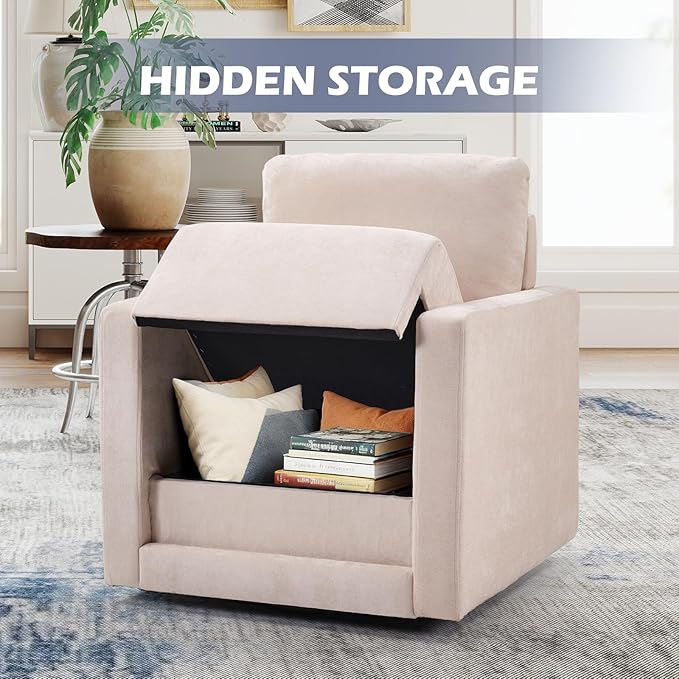 INZOY Swivel Accent Chair with Hidden Storage, Comfy 360° Swivel Chair, Upholstered Chenille Square Chair for Living Room Bedroom Small Spaces, Fully Assembled, Beige