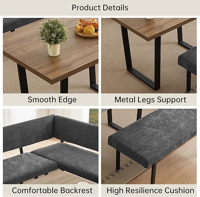 3-Piece Corner Dining Table Set with Bench, 67 Inch Space-Saving Breakfast Nook for Kitchen & Dining Room (Walnut Table & Grey Bench)