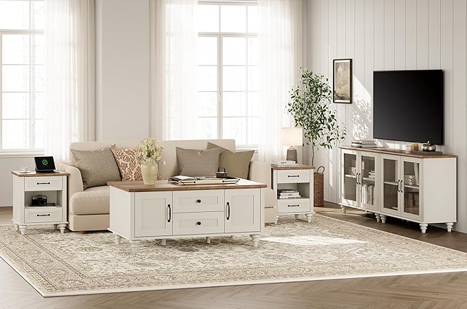 WAMPAT White Coffee Table with Drawers & Storage Cabinet, Modern Rectangle Center Table for Living Room, Rustic Wooden Cocktail Table Tea Table for Home, Office