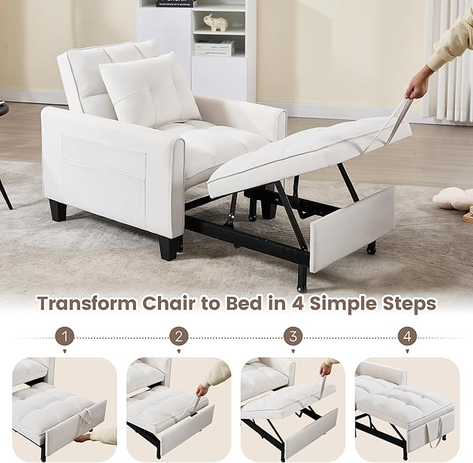 choairy Convertible Sleeper Chair, 3 in 1 Sleeper Chair Bed Pull Out Sofa Bed Chairs, Velvet Single Sofa with Adjustable Backrest for Adults Reading Living Room, Bedroom, Beige