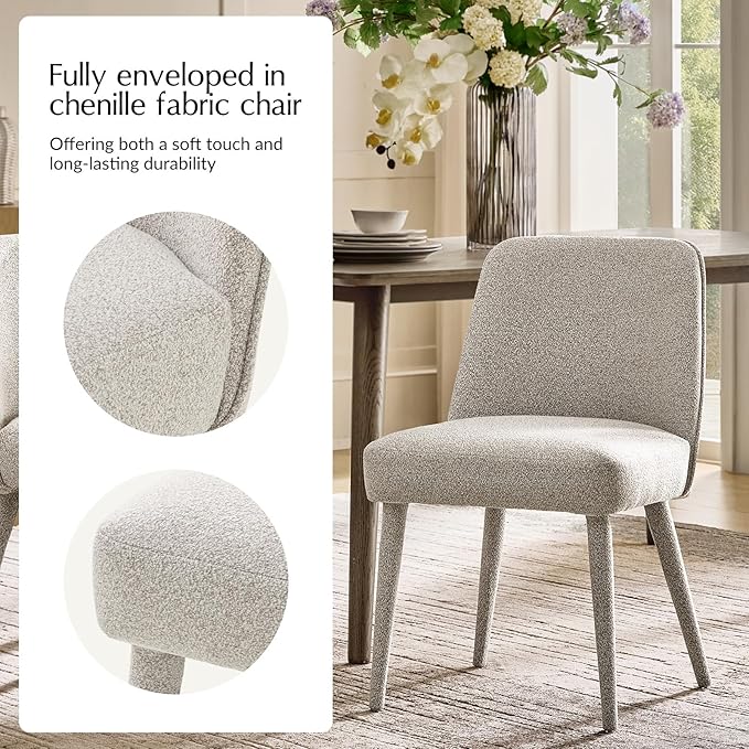HULALA HOME Modern Dining Chairs Set of 2，Taupe Fully Chenille Upholstered Dining Room Chairs Set with Foot Peg, Solid Wood Frame, Armless Kitchen Accent Chairs for Living Room Bedroom Reception