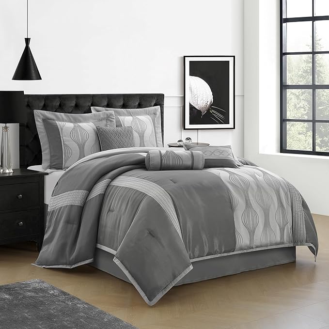 Grand Avenue 7 Piece Grey Comforter Set, Queen Size Jacquard Bedding Set, All Season Geometric Patchwork Bedding Set, Matching Pillows, Shams, Bed Skirt