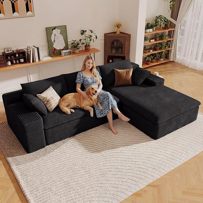 107" Cloud Sectional Couch with L-Shape Chaise, Modern Corduroy Viral Boneless Sofa for Living Room,Memory Foam Couches in a Box with Deep Seat,No Assembly Required (Black,Right-Facing Chaise)