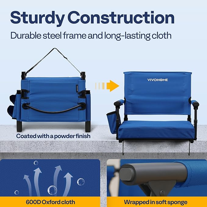 VIVOHOME Stadium Seats with Back Support and Cushion, 2 Pack Portable Bleacher Chairs with Cup Holder and Shoulder Strap