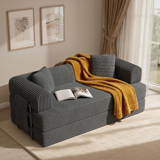 Convertible Coarser Corduroy Sleeper Sofa Bed with Cylindrical Pillow, Folding Mattress Couch with Fixed-Shape Frame, Floor Sofa Lounge Couch for Living Room Bedroom Lounge Studio, Dark Grey