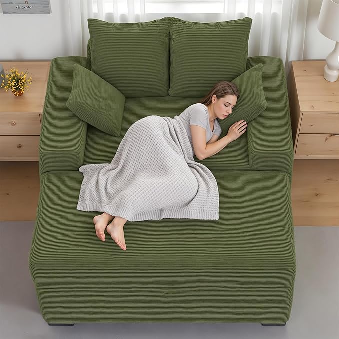 Indoor Chaise Lounge Chair with Storage Ottoman, Modern 60-Inch Lounge Sofa Chair with Wide Armrests & 4 Pillows, Oversized Comfy Reading Lounger for Living Room, Bedroom（Medium-Rib Corduroy Green）