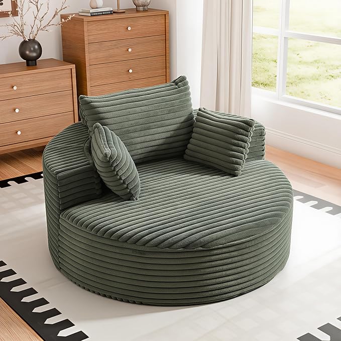 55'' Oversized Round Boneless Chaise Lounge Chair Indoor, Upholstered Corduroy Deep Seat Cloud Large Circle Sofa Couches Bed Corduroy Modern Floor No Assembly Sleeper Bed for Living Room, Bedroom