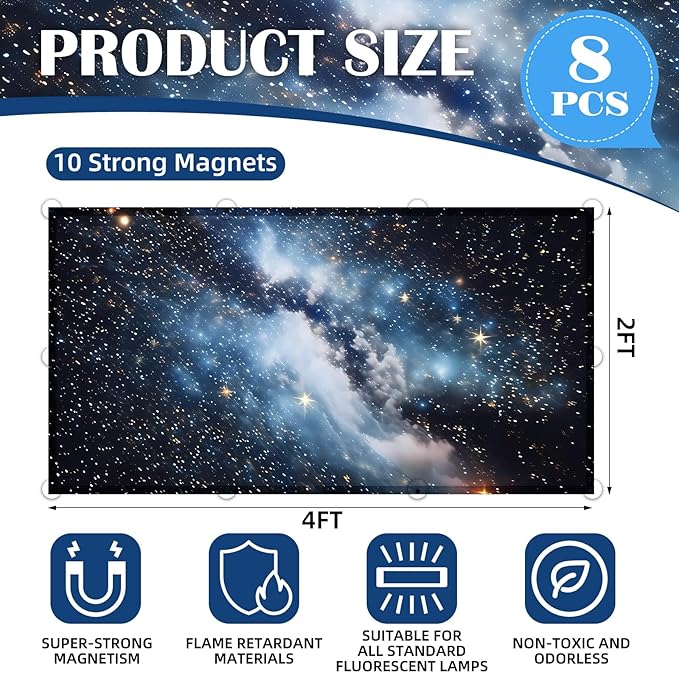 8 Pcs Fluorescent Light Covers - 4 x 2 Feet Covers for Ceiling Lights, Magnetic Light Filters for Classroom, Office, Hospitals, Home
