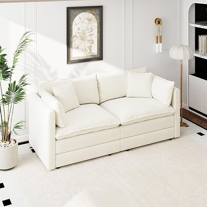 Aoowow Modular Sectional Sofa Modern Convertible Loveseat Couch,77.16 Inch Deep 2-Seater Sofas Comfy Chenille Cloud Sofas and Couches with Pillows for Living Room Apartment（Beige）