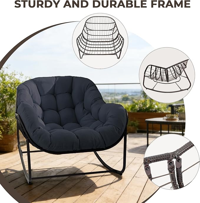 Sgentle Papasan Rocking Chair Outdoor, Oversized Patio Rocking Chair with Cushions & Steel Frame, Wicker Egg Lounge Chair Indoor, Comfy Reading Chair for Patio, Deck, Porch (Blue, Style 1)