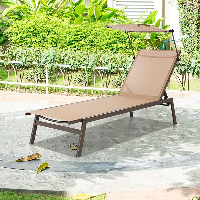 HAPPYGRILL Outdoor Chaise Lounge, 6-Position Recliner Lounger with Adjustable Sun Shade & Cup Holder, Adjustable Reclining Chair for Outside Beach Balcony Poolside