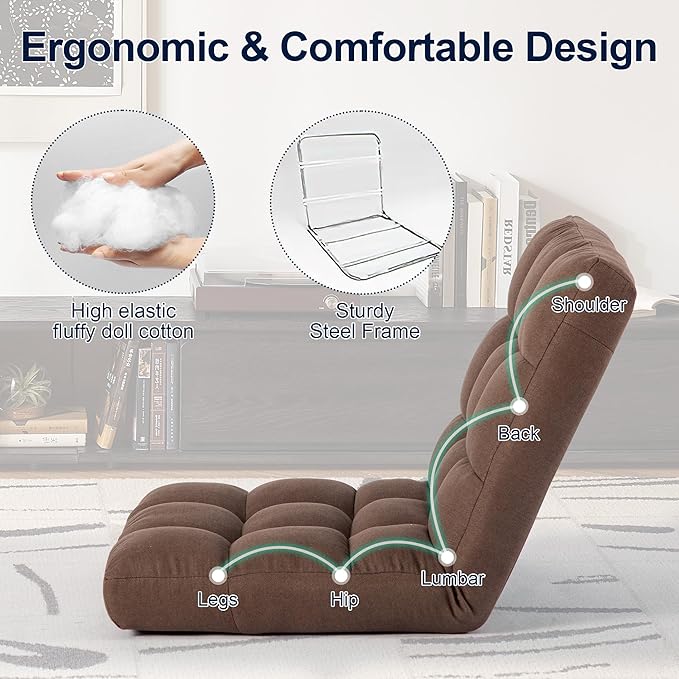 Folding Floor Chair with Back Support, Adjust Lay Flat Recliner Oversized Lounge Wide Lazy Boy Gaming Ergonomic Single Sofa Seat for Living Room Bedroom(Brown)