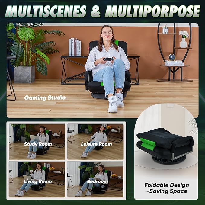 Swivel Gaming Chair 360 Degree Multipurpose Floor Chair w/Armrest & 6 Adjustable Postions Backrest for Adults & Kids, for Reading, Gaming, Watching, Relaxing, Green