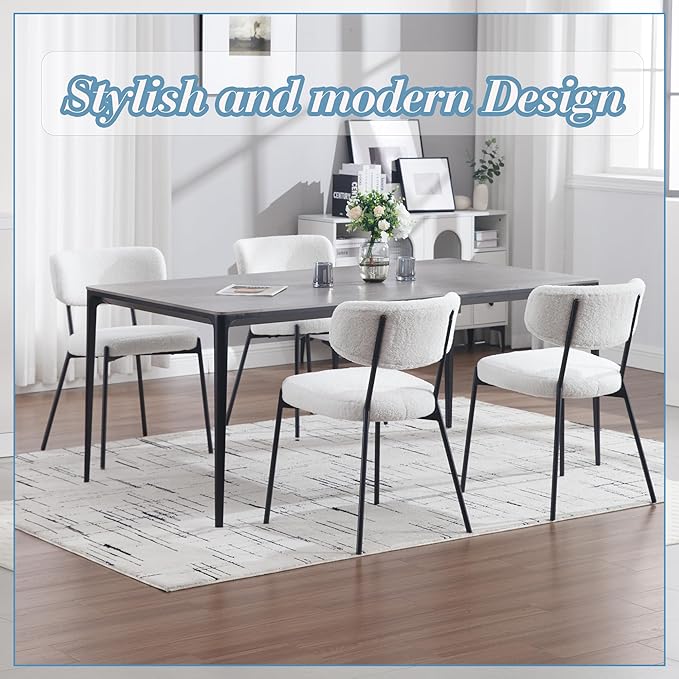 KCC Boucle Dining Chairs Set of 2, Modern Mid-Century Upholstered Stylish Kitchen Chairs Sherpa Accent Diner Chairs with Metal Legs and Curved Back for Kitchen, Dining Room(White)
