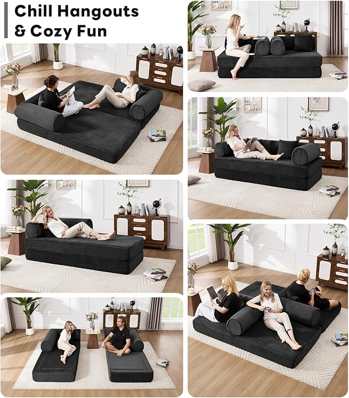 Tbfit 79'' Folding Boneless Couch, Oversized Corduroy Convertible Sofa Bed, Futon Mattress Sleeper Sofa, Comfy Foldable Upholstered Floor Couches for Living Room, Black