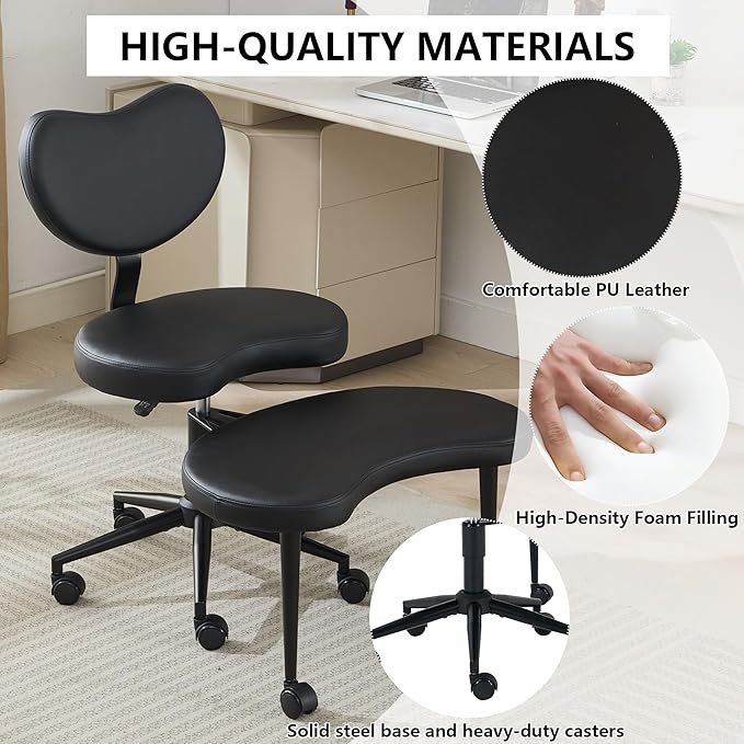 Meditation Chair with Lumbar Support,360° Swivel Cross Legged Chair with Wheels, Ergonomic Cross Legged Office Chair for Adults with ADHD, Height-Adjustable Yoga Chair, PU Leather, Ivory