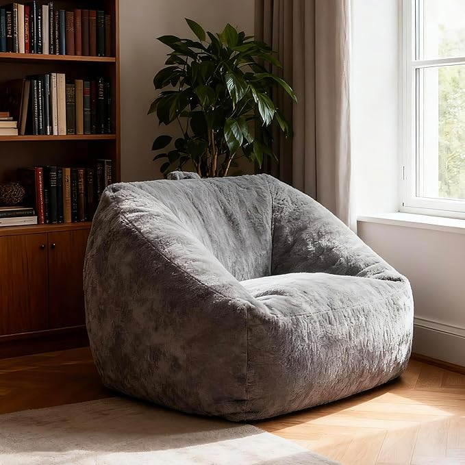 SUNBURY 47.2" Length L-Shaped Bean Bag Chair with Arms, Memory Foam Filled Floor Sofa with Handle & Side Pocket, Plush Faux Fur Chair for Adults, Living Room & Game Room (Gray)