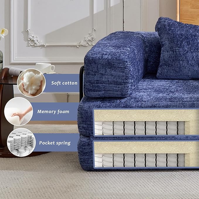 79" Convertible Sofa Bed with Pillows, Corduroy Folding Sleeper Sofa with Fixed-Shape Frame, Boneless Couch for Living Room Bedroom, Floor Sofa Lounge No Assembly Required (Modular Sofa - Blue)