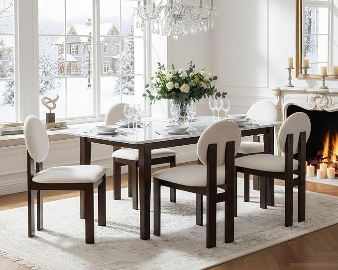 Modern Wood Dining Chairs Set of 6, Farmhouse White Boucle Kitchen Chairs with Round Back and Wooden Walnut Legs, Mid-Century Armless Upholstered Accent Chairs for Dining Room/Living Room/Restaurant