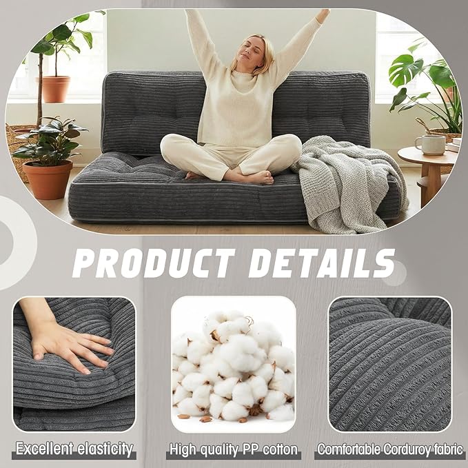 Vercraft 63 Inch Folding Bench Cushion, 4 Inch Thick 2-in-1 Convertible Long Floor Lounger Boneless Cushions Couch Mattress Upholstered for Yoga, Reading, Sleeping, Meditation Living Room(Dark Grey)