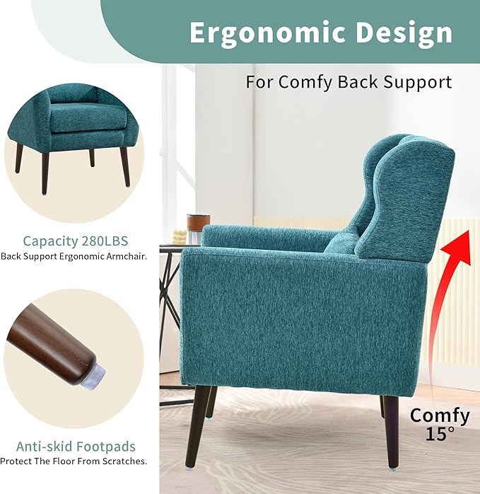 CHSICFOR Modern Accent Chair, Upholstered Arm Chair with Waist Pillow, Single Sofa Chair for Living Room Bedroom Small Spaces (Teal)