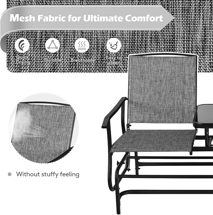 S AFSTAR 2-Person Outdoor Glider, Patio Glider Bench Chairs with Center Tempered Glass Table & Breathable Loveseat, Double Swing Glider Chair for Porch Garden Poolside Balcony Lawn (Gray)