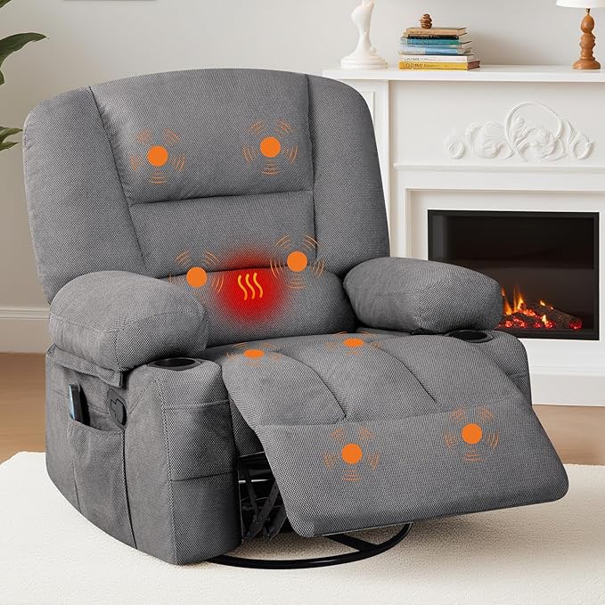 Rocker Recliner Chairs for Adults w/Vibration Massage and Heating,360° Swivel Rocker Glider Recliner,Extra Wide Manual Lazy Chair,Chenille Fabric Sofa Chair for Living Room,Bedroom Grey