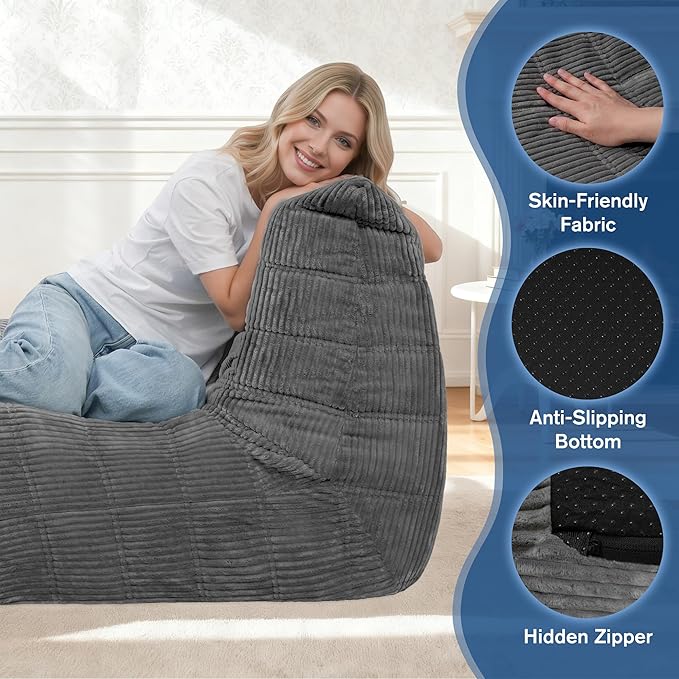 Bean Bag Chair,Giant Beanbag Chairs for Adults,Comfy Large Fireside Chair Lazy Sofa,Corduroy Bean Bag Lounger with Memory Foam Filled,Floor Sofa Couch for Home,Dorm,Living Room (Dark Grey)