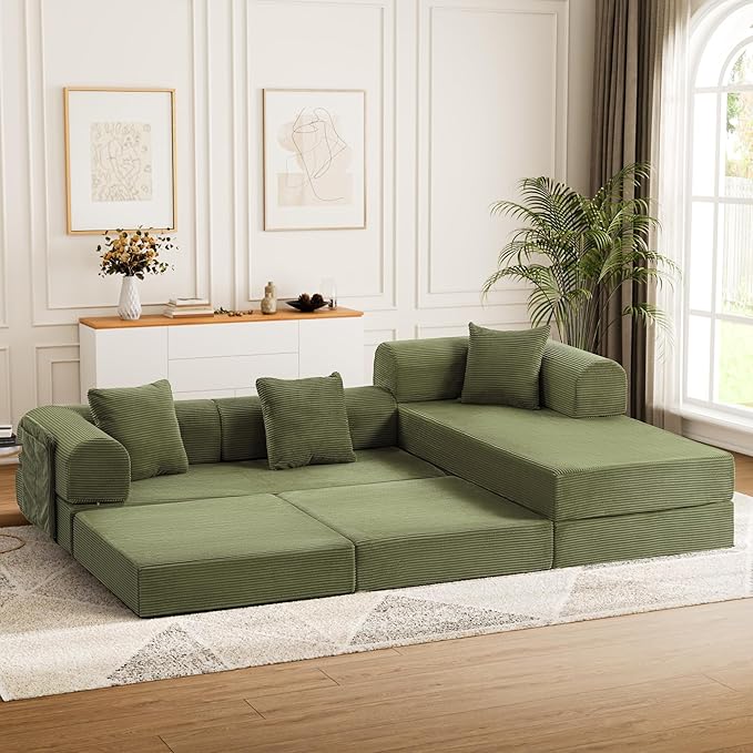 106.3" Oversized Convertible Sleeper Sofa Bed, L Shape Modular Sectional Cloud Sofa with Fixed-Shape Frame, Boneless Couch with Storage Pocket for Living Room, No Assembly Required, Green