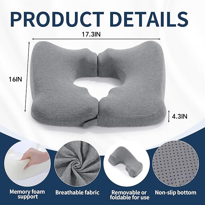 BALAPET Memory Foam Bed Sore Cushions for Butt, Ergonomic Bedsore Pressure Relief Pillow for Sleeping and Sitting, Removable T Shaped Opening Tailbone Cushion for Bed Sores on Buttocks(Grey)