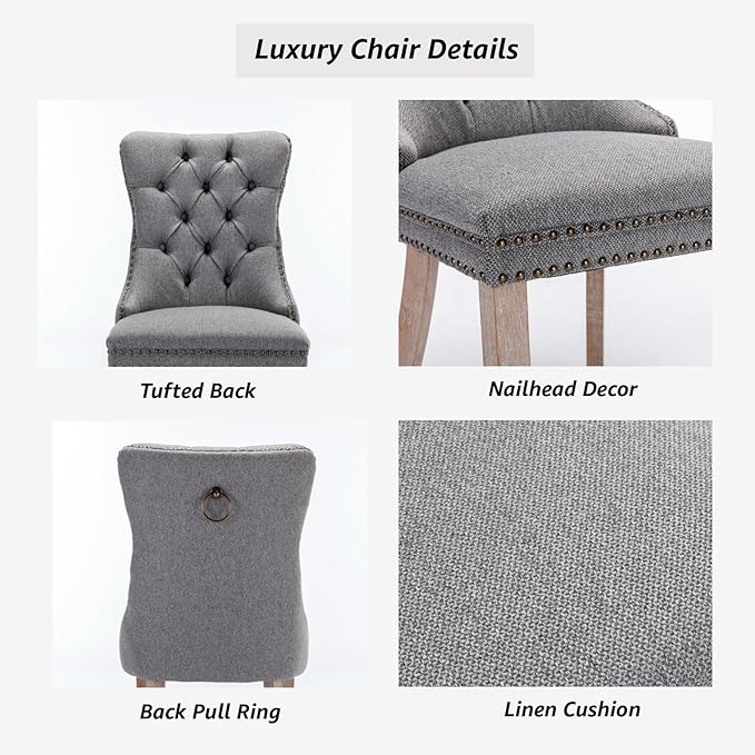 YeahFurn Grey Mid Century Modern Dining Chairs Set of 4, Linen Upholstered Kitchen & Dining Room Chairs with Nailhead Trim & Solid Wood Legs, Elegant Sillas De Comedor (Grey, 4 Pcs)